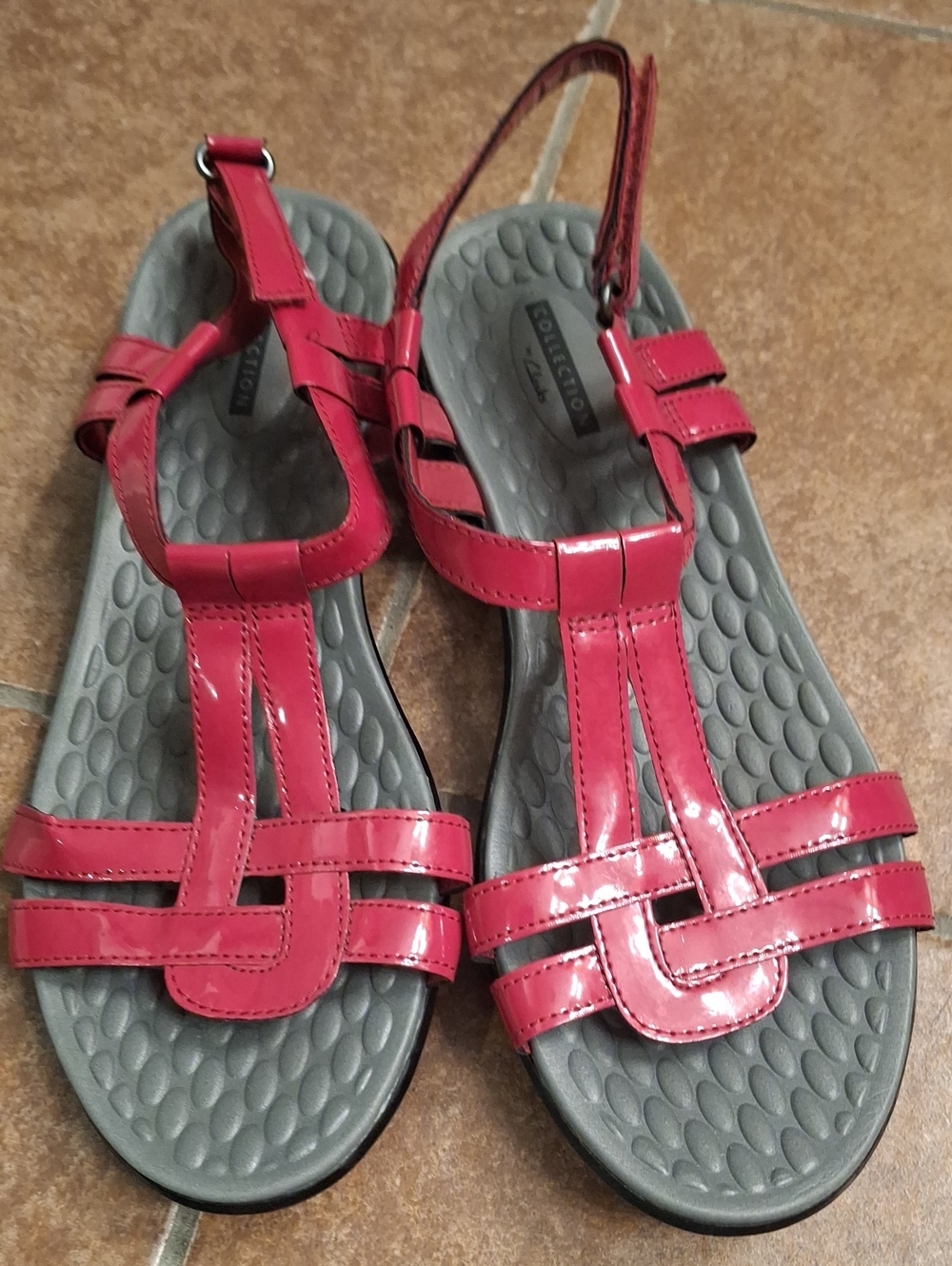 Clarks Collection Bright Red Patent Leather T-Strap Sandals